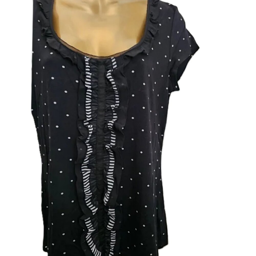 WHBM Black and White Dot Ruffle Front Blouse size L